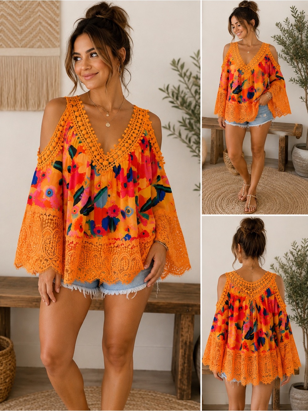 RAIN Orange Floral Boho Crochet Cold Shoulder Bell Sleeve Top Medium